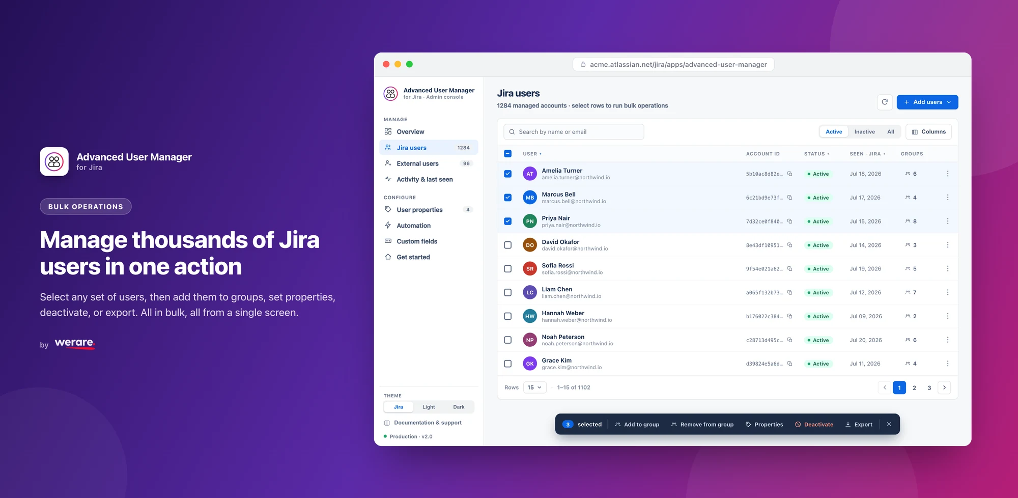 Advanced User Manager Jira users table inside Jira, listing managed accounts with avatars, account IDs, status and last-seen columns, several rows selected, and a bulk-operations action bar (add to group, properties, deactivate, export)