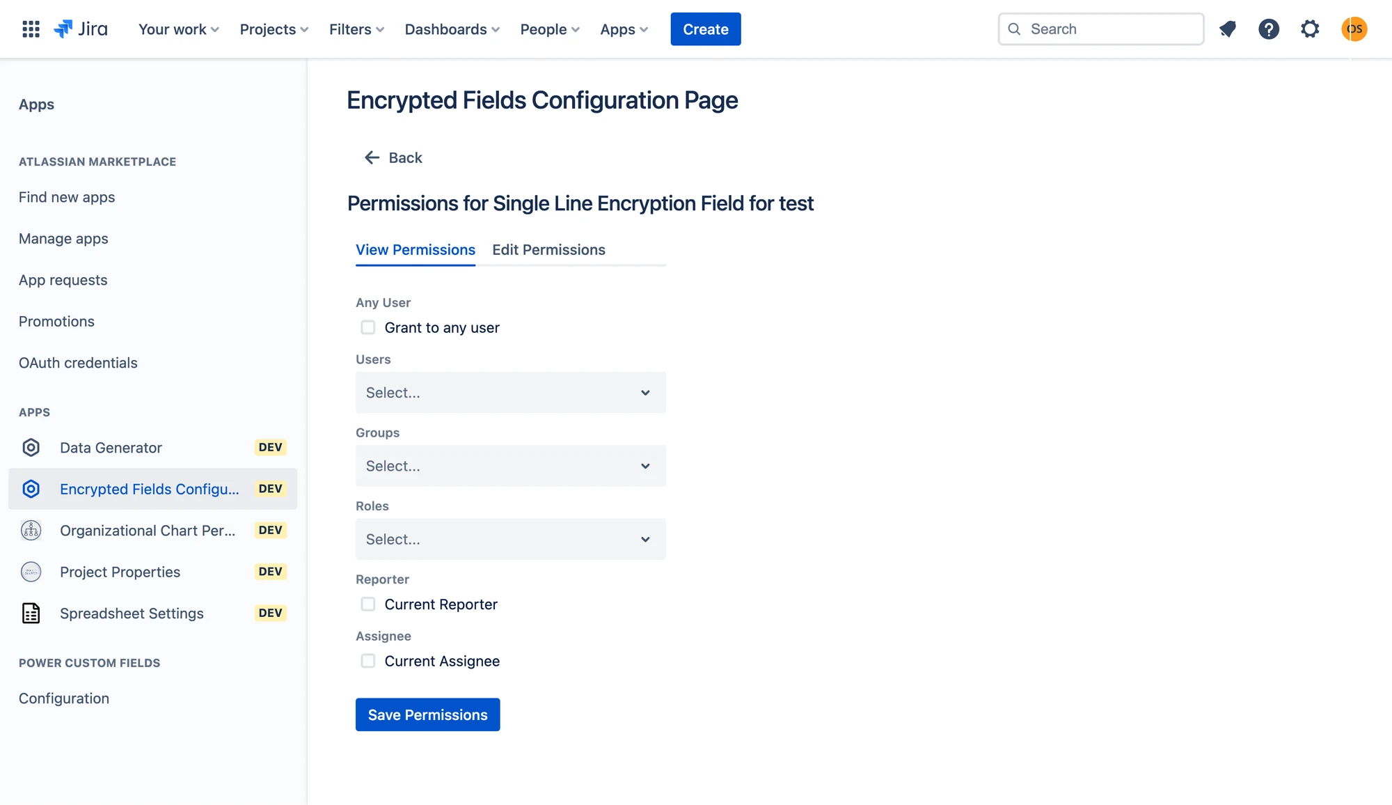 Advanced Custom Fields app inside Jira showing the Encrypted Fields Configuration page, with the Jira top navigation, an Apps sidebar listing custom field tools, and a permissions panel for a Single Line Encryption Field with Users, Groups, Roles, Reporter, and Assignee options plus a Save Permissions button.