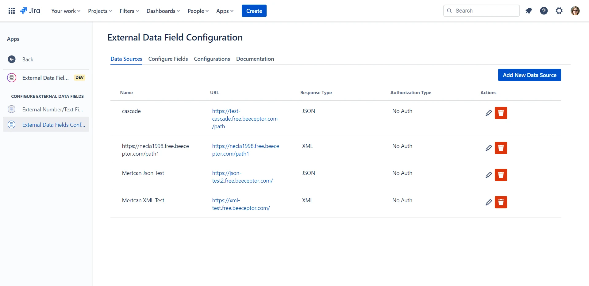 External Data Sync configuration screen inside Jira showing the Data Sources tab with a table of configured external data sources listing name, URL, response type (JSON/XML), and authorization type, plus an Add New Data Source button.