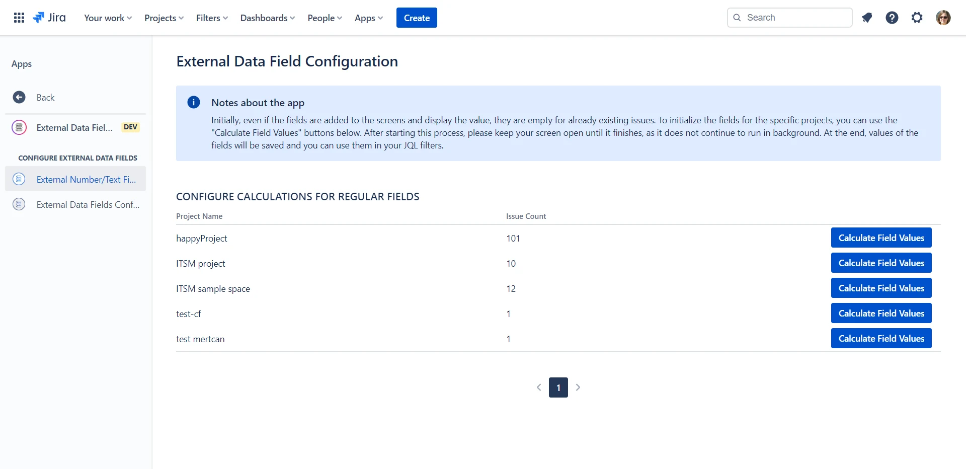External Data Sync field configuration screen inside Jira showing the Calculate Field Values panel with a per-project table of issue counts and Calculate Field Values buttons for initializing external data fields.