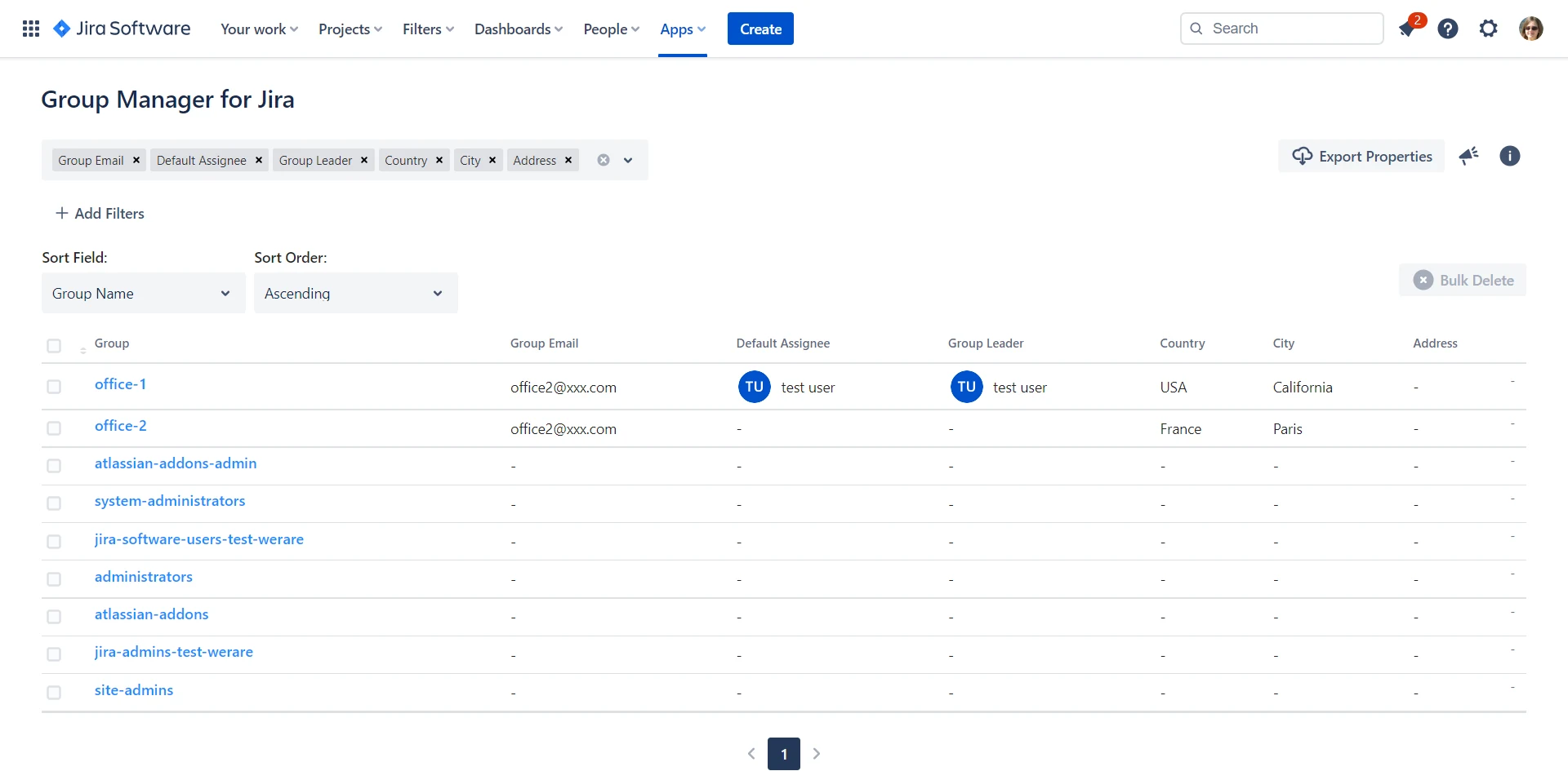 Group Manager for Jira main view showing a sortable, filterable table of Jira groups with custom columns for Group Email, Default Assignee, Group Leader, Country, City, and Address, plus bulk delete and export controls.