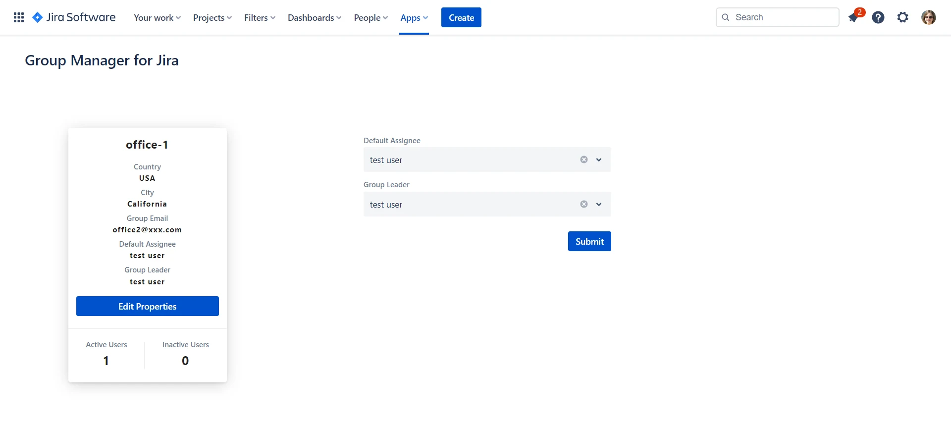Group Manager detail screen for the 'office-1' group inside Jira, showing a group properties card (Country, City, Group Email, Default Assignee, Group Leader) alongside editable Default Assignee and Group Leader dropdowns and active/inactive user counts.