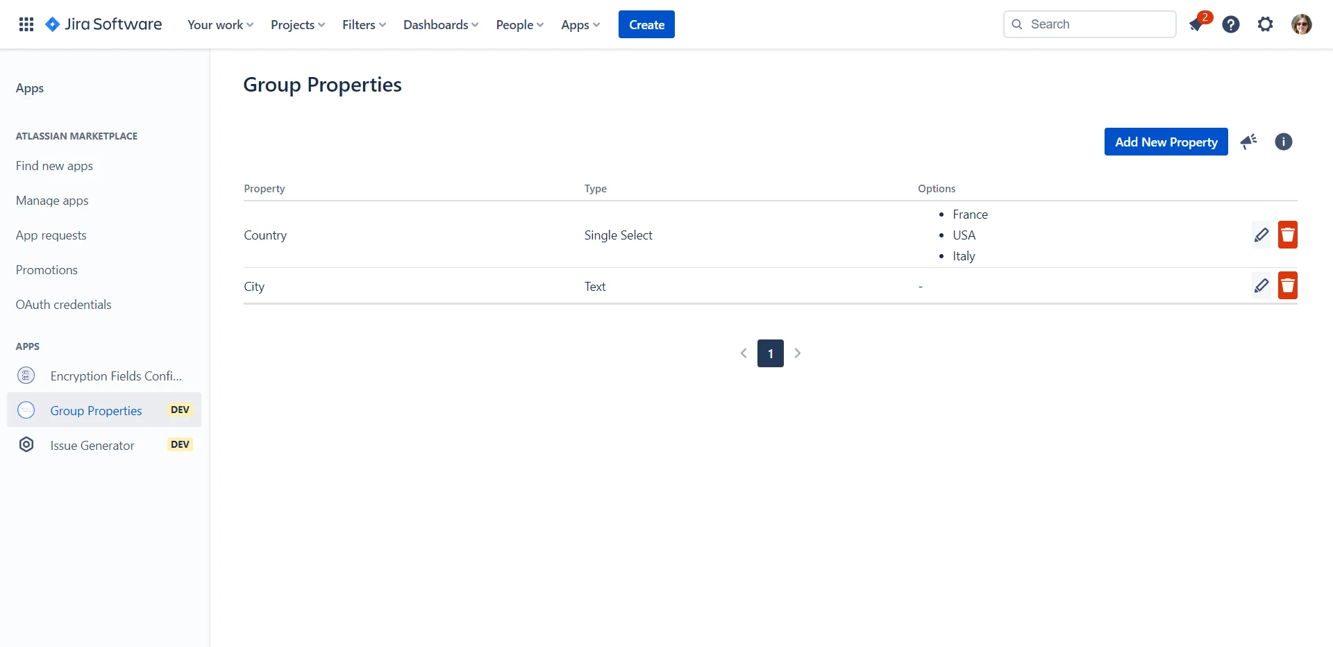 Group Properties configuration panel in Jira app settings, listing custom property definitions (Country as Single Select with options France/USA/Italy, City as Text) with edit and delete actions and an Add New Property button.