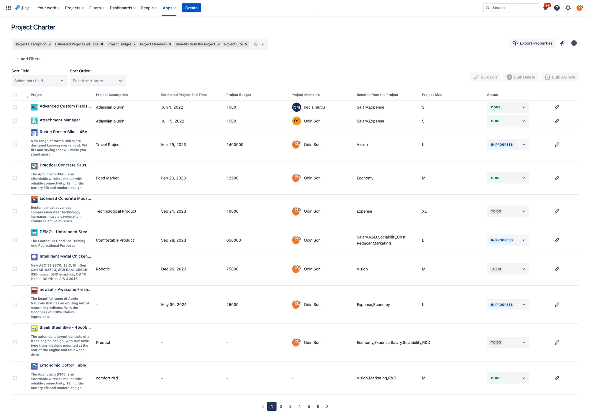 Project Charter app inside Jira showing a full-width data table of projects with columns for description, estimated end time, budget, members, benefits, size, and status, plus filter chips and bulk edit controls.