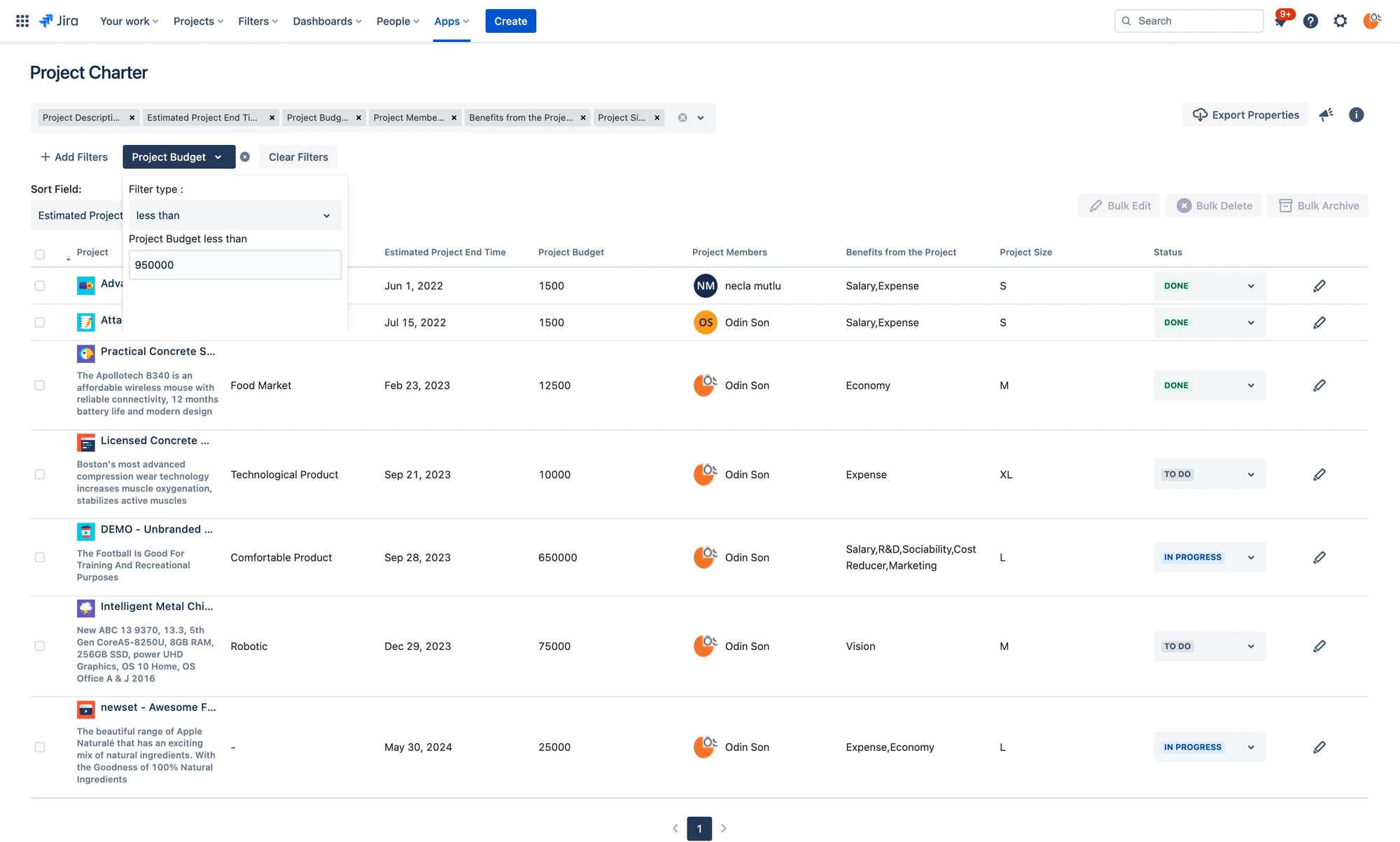 Project Charter table view in Jira with the Project Budget filter dropdown open, showing a 'less than' filter type and value input over the list of project rows.
