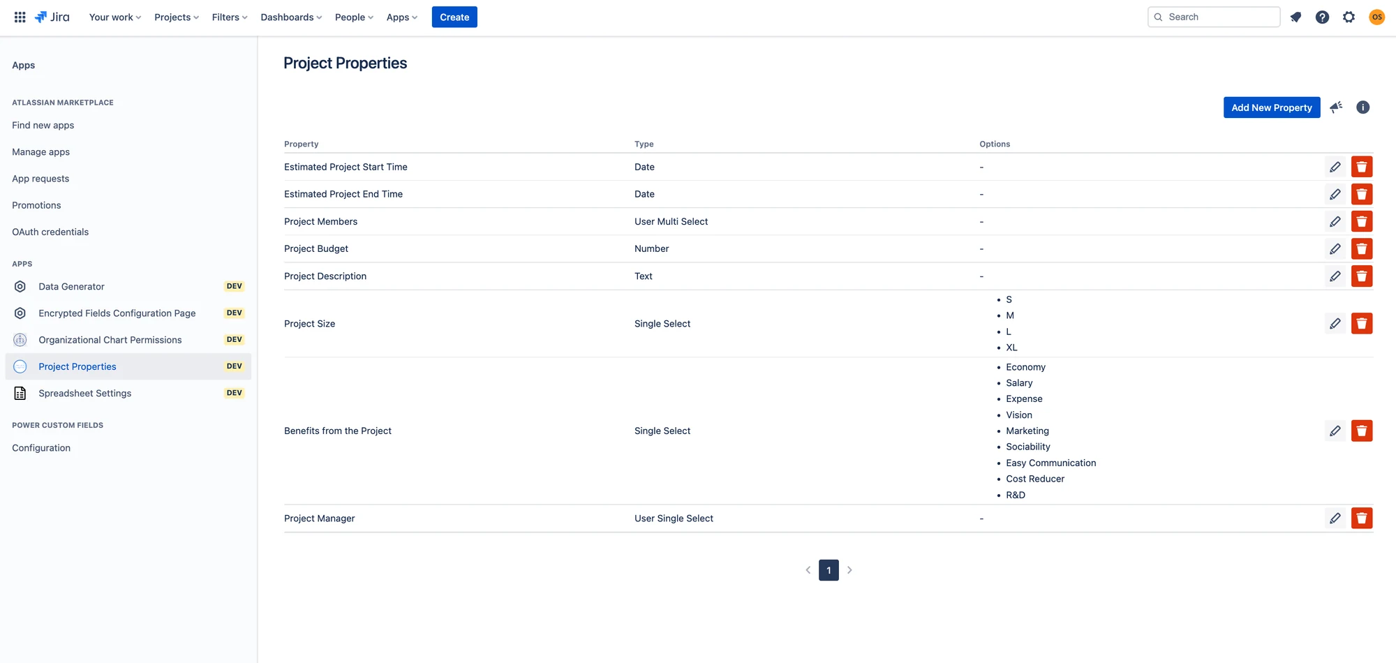 Project Charter configuration panel in Jira displaying the Project Properties settings table, listing custom property definitions with their field types and select options.