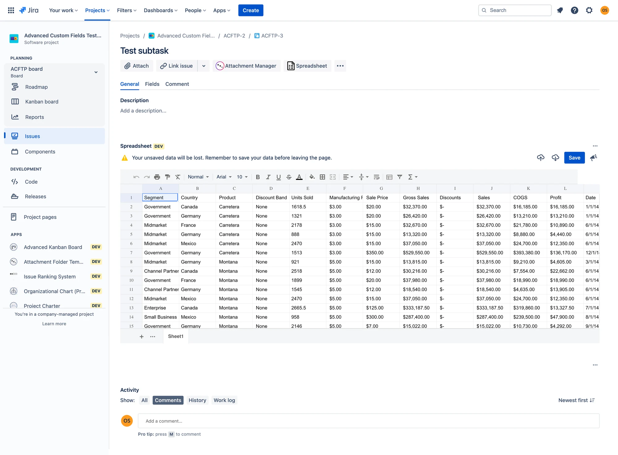Spreadsheet for Jira app UI embedded in a Jira issue, showing an editable spreadsheet with sales data (Segment, Country, Product, Units Sold, Sale Price, Gross Sales) in a grid with a formatting toolbar, alongside the Jira project sidebar and issue navigation.
